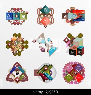 Set di forme geometriche astratte con opzioni. Banner infografici, layout. Grafica su carta Illustrazione Vettoriale