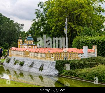 L'Abbazia di Melk dall'Austria in Mini-Europa parco storico in miniatura a Bruxelles, Belgio, Europa Foto Stock