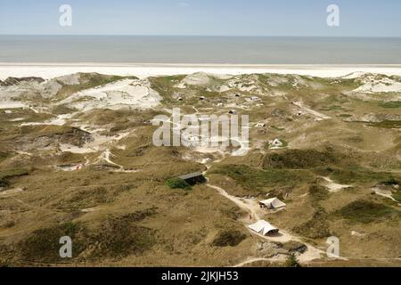 Vista dal faro al paesaggio delle dune, Amrum, Frisia settentrionale, Mare del Nord, Isole Frisie settentrionali, Parco Nazionale del Mare di Wadden, Schleswig-Holstein Parco Nazionale del Mare di Wadden, Schleswig-Holstein, Germania Foto Stock