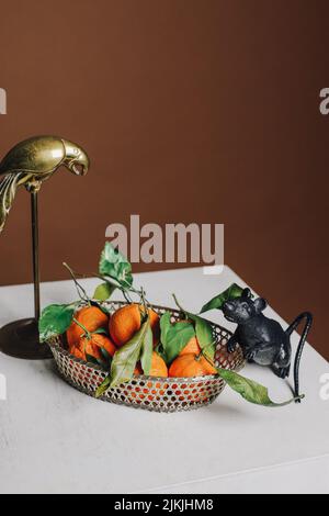 natura morta con uccello di ottone, pappagallo e topo nero contro marrone con arance mandarine Foto Stock