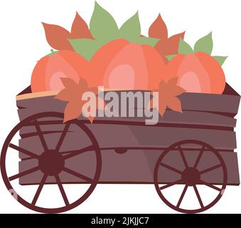 Carro con zucche e foglie rosse oggetto vettoriale semi-piatto di colore Illustrazione Vettoriale