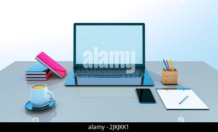 Vista dall'alto di un computer portatile con una tazza di caffè e nota su un tavolo grigio isolato con sfondo bianco Foto Stock