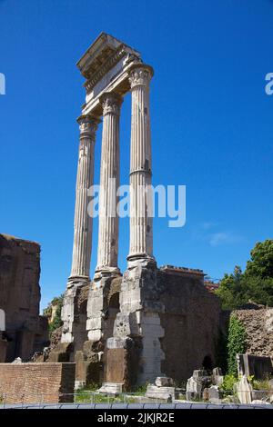 Una verticale dei ruderi del Tempio di Saturno immersa nel verde a Roma Foto Stock