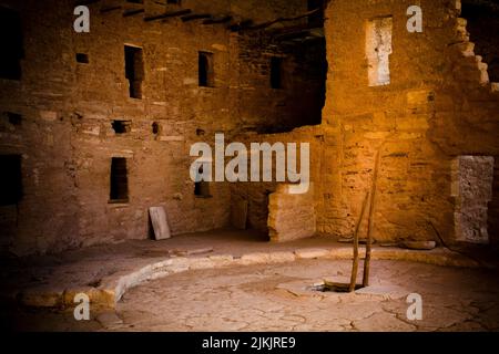 Rovine della casa dell'albero di abete rosso e Kiva con scala di cottonwood situato nel Parco Nazionale di Mesa Verde sull'altopiano del Colorado, CO. Foto Stock