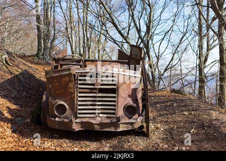 Un'auto d'epoca arrugginita rotta in una foresta abbandonata Foto Stock