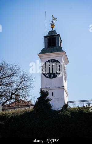 Un colpo a basso angolo della torre dell'orologio a Petrovarden Hotel Fortezza contro un cielo blu in una giornata di sole. Novi Sad, Serbia Foto Stock