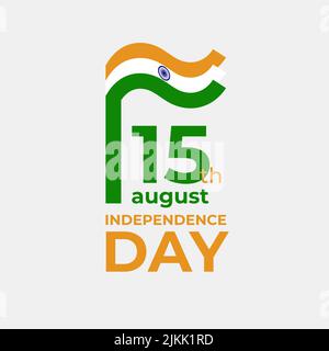 15 agosto, giorno dell'indipendenza dell'india. Modello vettoriale con bandiera indiana ondulata in semplice stile conciso, icona. Festa nazionale dell'India il 15th agosto Illustrazione Vettoriale