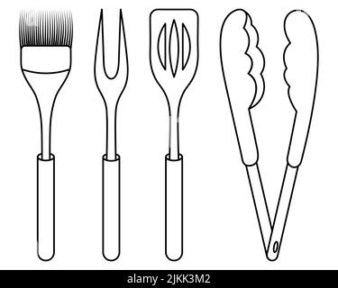 Un set di attrezzi per barbecue. Schizzo. Forchetta con due rebbi, spatola, pinze e spazzola in silicone. Illustrazione vettoriale. Colorazione. Attrezzi per tornitura Illustrazione Vettoriale