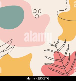 Modello di banner quadrato alla moda con decorazione astratta e foglie. Forme semplici del doodle ed elementi floreali della natura. Illustrazione vettoriale per poster Illustrazione Vettoriale