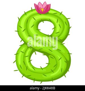 Cartoon cactus numero otto con fiore font numeri bambini. Figura verde 8 Illustrazione Vettoriale