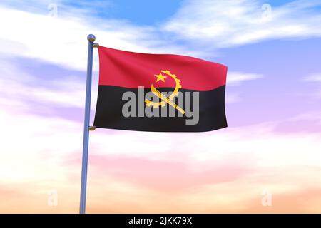 Bandiera ondulata dell'Angola con palo di bandiera cromato in cielo blu che ondola nel vento. Flag ad alta risoluzione con chiarezza. 3D illustrazione Foto Stock