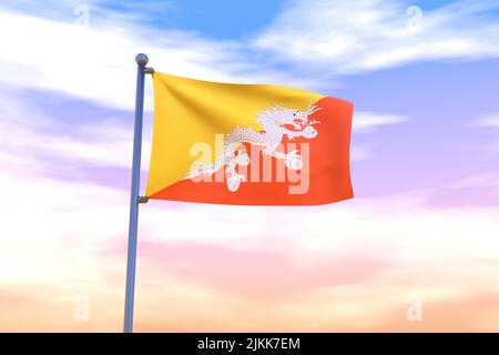 Bandiera ondulata del Bhutan con palo bandiera cromata in cielo blu che ondola nel vento. Flag ad alta risoluzione con chiarezza. 3D illustrazione Foto Stock