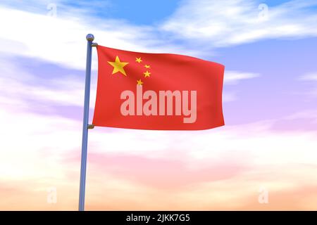 Bandiera ondulata della Cina con palo di bandiera cromato in cielo blu che ondola nel vento. Flag ad alta risoluzione con chiarezza. 3D illustrazione Foto Stock