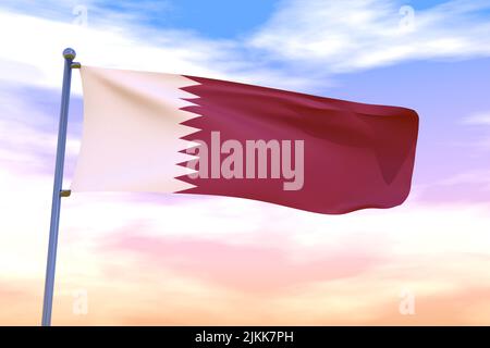 Bandiera ondulata del Qatar con bandiera cromata palo in cielo blu ondeggiante nel vento. Flag ad alta risoluzione con chiarezza. 3D illustrazione Foto Stock