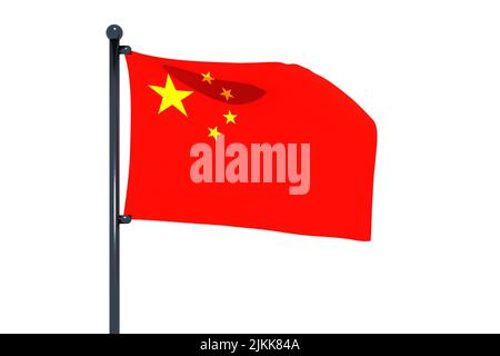 3D illustrazione della bandiera della Cina con asta di bandiera cromata con ganci a scatto che ondeggiano nel cielo blu. Sfondo bianco attraverso un canale alfa di grande precisione. Foto Stock
