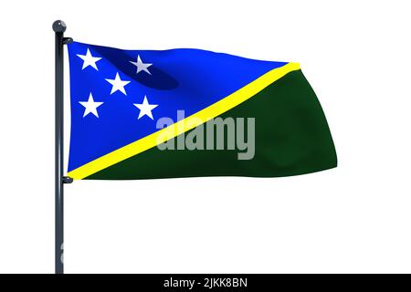 3D illustrazione della bandiera delle Isole Salomone con asta di bandiera cromata con ganci a scatto che ondeggiano nel cielo blu. Sfondo bianco attraverso un canale alfa di grande pr Foto Stock