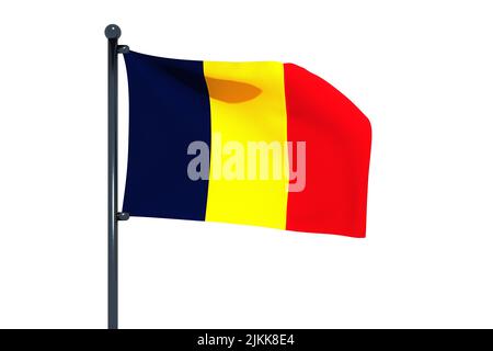 3D illustrazione della bandiera del Ciad con asta di bandiera cromata con ganci a scatto che ondeggiano nel cielo blu. Sfondo bianco attraverso un canale alfa di grande precisione. Foto Stock