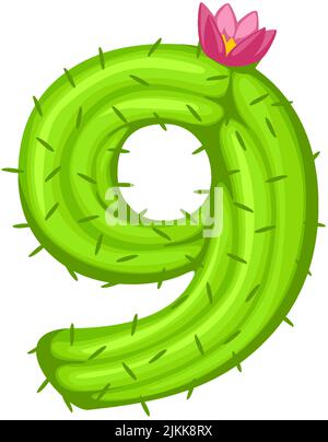 Cartoon cactus numero nove con fiore font numeri bambini. Figura verde 9 Illustrazione Vettoriale