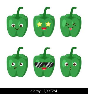 Set di paprika emoji. Icone di stile Kawaii, personaggi vegetali. Illustrazione vettoriale in stile cartoon flat. Set di divertenti sorrisi o emoticon. Bene Illustrazione Vettoriale