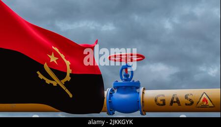 Angola gas, valvola sul principale gasdotto Angola, gasdotto con bandiera Angola, tubi di gas dall'Angola, lavoro 3D e immagine 3D Foto Stock