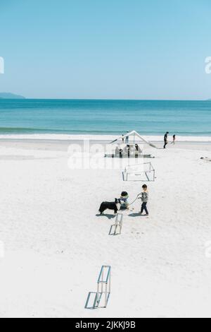 Una bellissima spiaggia di sabbia a Shenzhen con i turisti che riposano e i bambini giocano con un cane Foto Stock