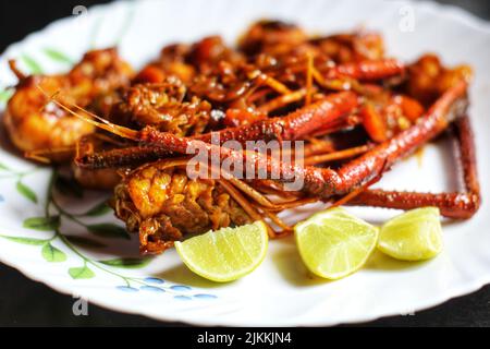 deliziosa cucina gamberi gamberi curry sul piatto in bella sfondo scuro Foto Stock