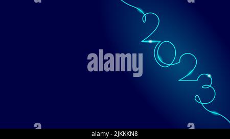 2023 nuovo anno single linea continua art. Biglietto di auguri decorazione titolo. Numeri di data concetto design. Un disegno di contorno di schizzo bianco Illustrazione Vettoriale