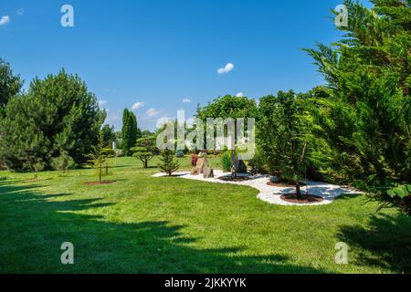 Alberi e cespugli splendidamente rifiniti sul prato nel cortile Foto Stock