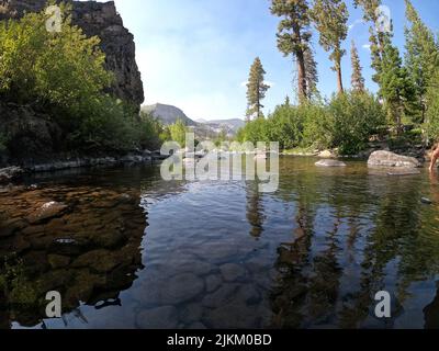 Una splendida vista su un fiume e sui laghi Mammoth con il riflesso di alberi e montagne in California Foto Stock