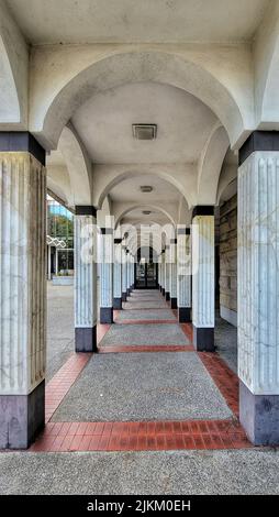 Una foto verticale di corridoio porticato di colonne nel Royal BC Museum nel centro di Victoria, Canada Foto Stock