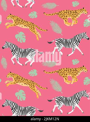 Motivo vettoriale senza giunture di leopard e zebra disegnati a mano piatta isolato su sfondo rosa Illustrazione Vettoriale