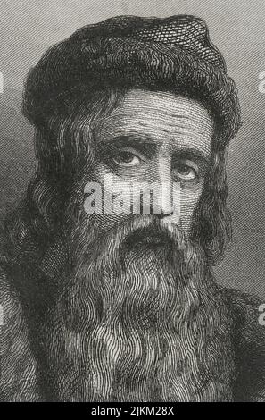 Johannes Gutenberg (ca. 1399-1468). Inventore tedesco. Intorno al 1450 ha creato la prima macchina da stampa di tipo mobile. Verticale. Incisione di Geoffroy. Dettaglio. "Historia Universal", di César Cantú. Volume IV, 1856. Foto Stock