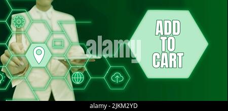 Didascalia testo Presentazione Aggiungi al carrello. Foto concettuale Acquisto online ecommerce tecnologie moderne per acquistare Lady in suit regge pen simbolizing Foto Stock