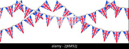 Ghirlanda di bandiera del Regno Unito. Catena dei pennants di Union Jack. Decorazione a grappolo del partito britannico. La Gran Bretagna bandiere per la celebrazione. Ripetizione. Vettore Illustrazione Vettoriale