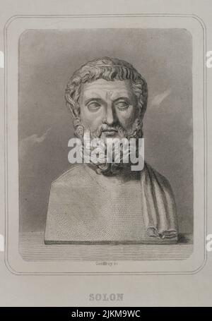 Solon (ca. 640 a.C. - ca. 558 A.C.). Legislatore ateniano, statista e poeta, uno dei sette saggi della Grecia. Verticale. Incisione di Geoffroy. "Historia Universal", di César Cantú. Volume I. 1854. Autore: Charles Geoffroy (1819-1882). Incisore francese. Foto Stock