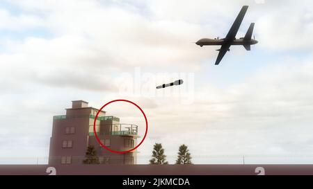 Kabul, il drone sciopero americano uccide Ayman al-Zawahri, leader del Top Qaeda. Afghanistan. Drone con missile, bersaglio militare. Casa, edificio. 3d rendering Foto Stock