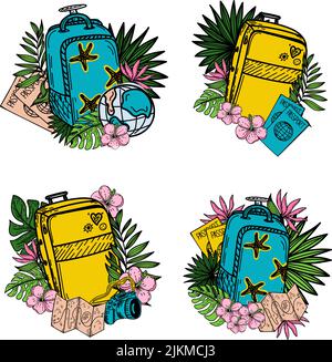 Set di icone diverse con bagagli e fiori, scarabocchio disegnato a mano in stile schizzo. Illustrazione vettoriale. Grande valigia, passaporto, globo ed esotico fl Illustrazione Vettoriale