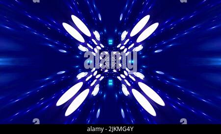 Un rendering 3D di futuristici modelli caleidoscopici astratti tunnel al neon con raggi e linee Foto Stock