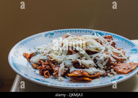 colazione messicana al peperoncino rojos su piatto floreale blu e bianco Foto Stock