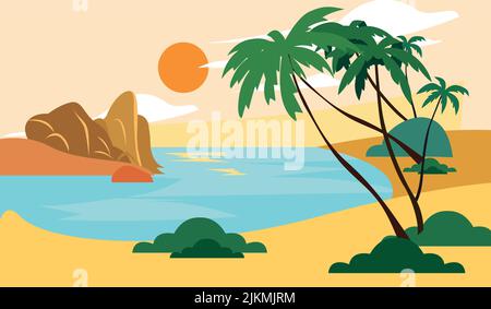 Un vettore di mare con palme e sole Illustrazione Vettoriale