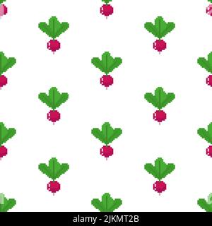 Pixel radish art pattern senza cuciture. Vegetale pianta giardino 8 bit sfondo. Pixelated texture Illustrazione Vettoriale