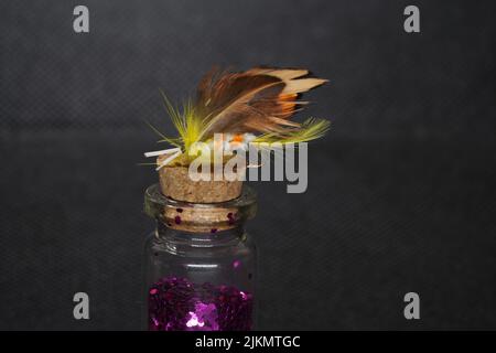 Un primo piano di un lure fiabe di pesca mosca legato isolato su una bottiglia di vetro con viola luccicante Foto Stock