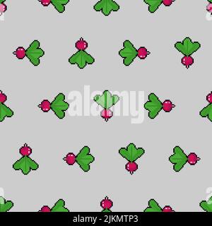 Pixel radish art pattern senza cuciture. Vegetale pianta giardino 8 bit sfondo. Pixelated texture Illustrazione Vettoriale
