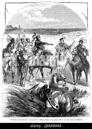 L'Herald che consegna una sfida al combattimento singolo da Lord Huntly al Duca di Somerset, illustrazione dal libro, 'John Cassel's Illustrated History of England, Volume II', testo di William Howitt, Cassell, Petter e Galpin, Londra, 1858 Foto Stock