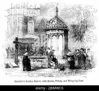 Conduit in London Streets, with Stock, Pillory, and Whiping Post, Illustration from the Book, 'John Cassel’s Illustrated History of England, Volume II', testo di William Howitt, Cassell, Petter, and Galpin, Londra, 1858 Foto Stock