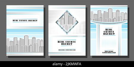 Set di volantini vettoriali, 3 opuscoli con spazio di copia per il testo sullo sfondo di skyline urbano, tre modelli di volantini dal design minimalista per la costruzione di edifici Illustrazione Vettoriale