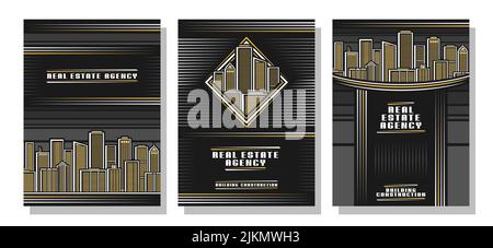 Set di volantini vettoriali, 3 cartelle con spazio di copia per testo su sfondo skyline illuminato, modello di volantino con disegno a tre righe per la costruzione Illustrazione Vettoriale
