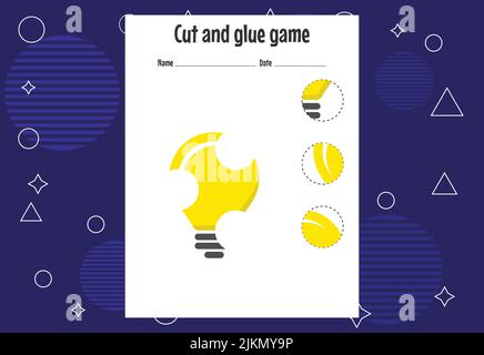 Gioco di taglio e colla per bambini. Pratica di taglio per i preschoolers. Gioco di carta educativa per bambini Illustrazione Vettoriale