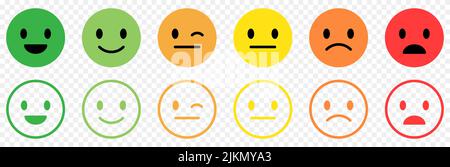 Emoticon con diversi stati d'animo. Concetto di feedback. Illustrazione vettoriale isolata su sfondo trasparente Illustrazione Vettoriale
