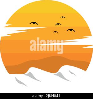 Vettore di uccelli che volano indietro per nidificare al tramonto nel deserto della neve Illustrazione Vettoriale